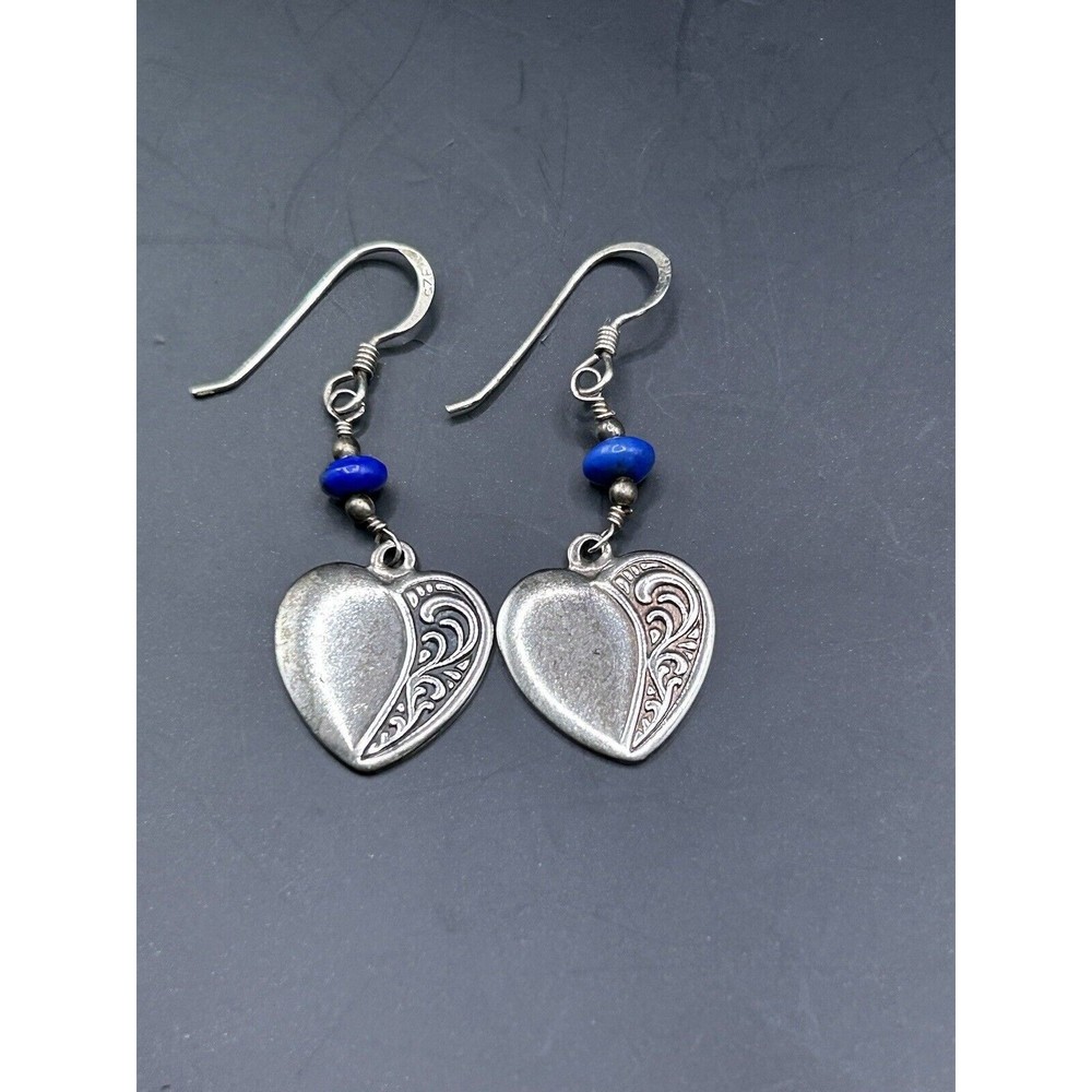 Sterling Silver 925 Lapis Lazuli Heart Dangle Drop Earrings 4 Grams